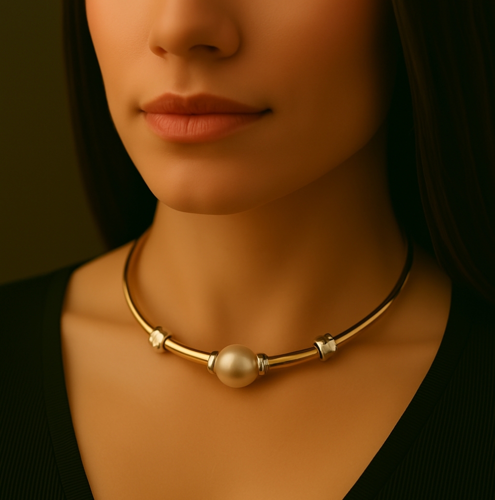 Dual-Tone Gold Pearl Collar w/ Silver Spacer Beads – Minimalist Bold Jewelry